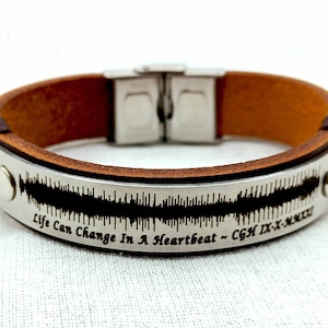 Custom Actual EKG Ultrasound Heartbeat Engraved Leather Bracelet, Audio Recording with QR Code, Valentines Day Gift for Boyfriend