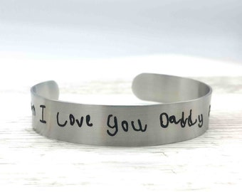Personalized Actual Handwriting Black or Silver Cuff, Engraved 1/2 Stainless Steel Handwriting Gift for Men, Ideal Birthday Gift for Dad