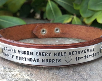 Personalized Long Distance Relationship Gift for Him, Custom Leather Bracelet, You're Worth Every Mile Between Us, Birthday Gift for Him