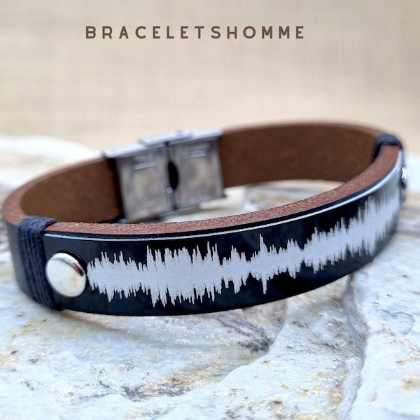 Custom Soundwave Leather Bracelet - Engraved QR Code, Voice Message Gift
