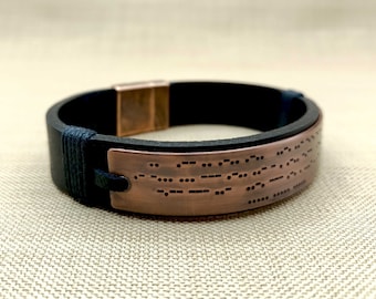 Bracelet code morse personnalisé, bijoux en cuir en cuivre gravé