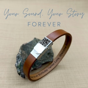 Soundwave Leather Bracelet - Custom Engraved Music or Song Lyrics with QR Code