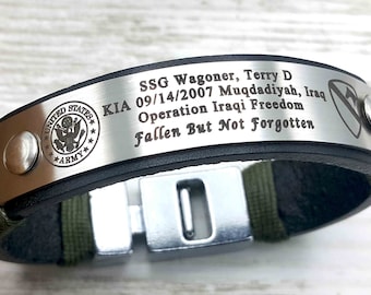 Custom Military Leather Bracelet Stainless Steel with Deep Black Laser Engraved, KIA - POW - MIA - Army Navy Air Force Usmc Marines Bracelet