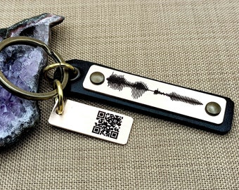 Bronze Soundwave Keychain with Scannable QR Code, 8th Anniversary Gift, Custom Voice Memo, Audio File, Favorite Song or Video