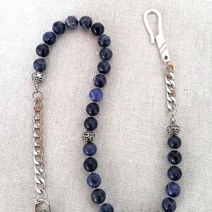 Cadena de billetera con cuentas de sodalita azul para hombres, gancho hecho a mano en plata de ley 925, joyería hecha a mano para hombres, cadena de billetera con cuentas azules de 10 mm