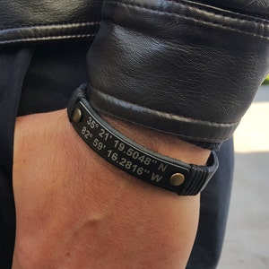 Custom Coordinates Bracelet | Personalized Leather Bracelet for Him | Latitude & Longitude Engraving | Anniversary Gift | Father’s Day Gift