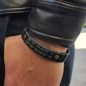 Personalized Coordinates Mens Genuine Leather Bracelet, Black Aluminium Plate, Custom Latitude & Longitude, Valentines Day Gift for Him Black - Bronze