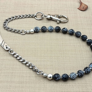 Cadena de billetera con cuentas negras para hombres - Joyas de cadena para hombres - Accesorios para hombres - Gancho hecho a mano en plata de ley 925