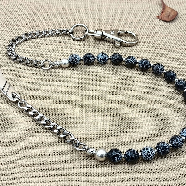 Black Beaded Wallet Chain for Mens - Mens Chain Jewelry - Mens Accessories - 925 Sterling Silver Handmade Hook