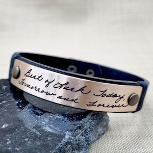 Actual Handwriting Bracelet, Fingerprint Jewelry, Custom Memorial Leather Bracelet, Bronze, Copper, Silver or Black Engraved Gift for Him