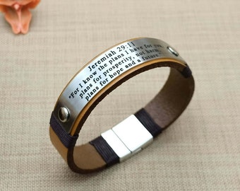 Jeremiah 29:11 Leather Bracelet, Personalized Bible Verse Jewelry, Christian Gift for Men