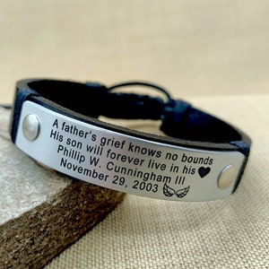 Memorial Leather Bracelet Dad - Engraved Loss of Father Gift