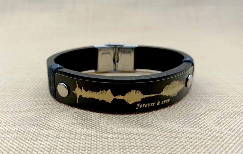 Personalized Soundwave Bracelet, Actual Voice Message link QR Code, Engraved Leather Bracelet, Custom Soundwave Gift For Boyfriend Black + Black