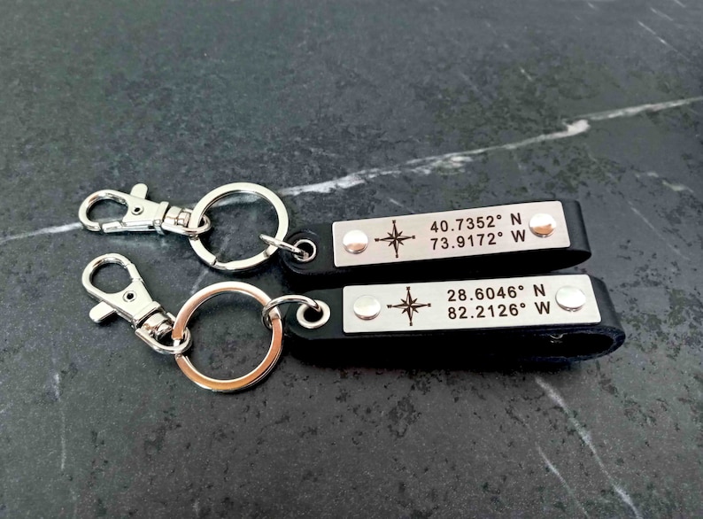 custom coordinates leather keychain for mens gps coordinates key chain for him engraved coordinates keychain personalized gift travel gift