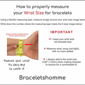May include: A yellow measuring tape wrapped around a wrist to demonstrate how to measure wrist size for bracelets. The image includes text that reads "How to properly measure your Wrist Size for bracelets", "Measure your wrist! It's easy and so worth it!" and "IMPORTANT: I need your wrist size not bracelet size. Measure wrist, snug (not tight), with no room added. I always add to the wrist size 0.60" (1.5cm) when making bracelet to ensure for a comfortable fit."