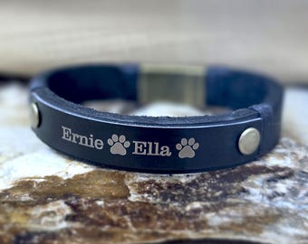 Personalized Pet Name Leather Bracelet - Memorial Gift - Custom Engraved Cat Dog Paw Print Jewelry