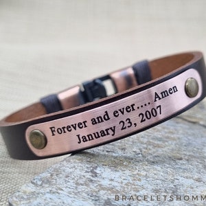 7th Anniversary Copper & Leather Bracelet | Personalized Deep Engraved Soundwave, Handwriting, Coordinates, Morse Code, or Text Message
