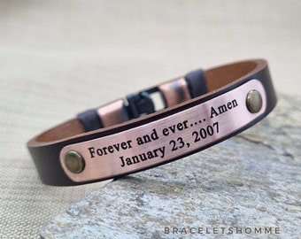 Personalized Copper 7th Anniversary Leather Bracelet - Engraved Keepsake