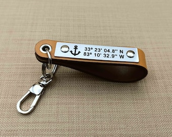 Coordinates Keychain - Latitude Longitude - Long Distance Gift for Man - Anniversary Gift for Him - Custom Leather Keychain Engraved Gift