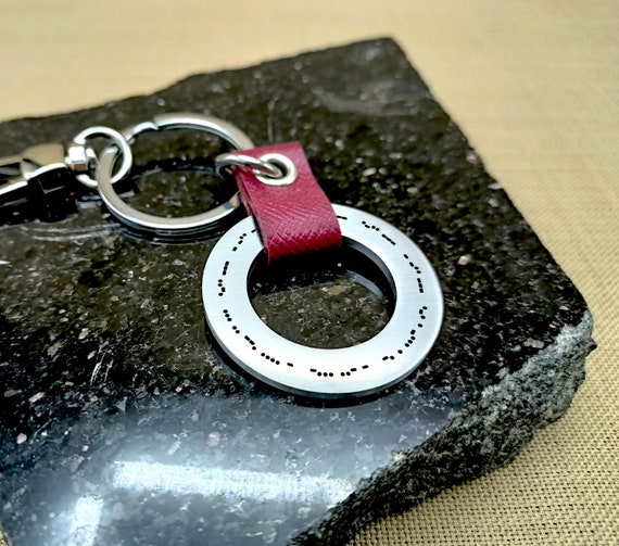 Custom Engraved Morse Code Keychain - Saffiano Leather, Stainless Steel