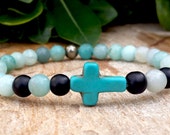2 pcs Couples Cross Bracelet His and Hers Christian Jewelry Blue Amazonite Matte Onyx Pyrite Gemstone Prayer Protection Meditation Bracelet