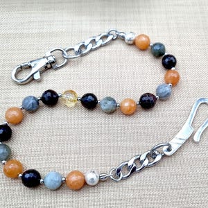 Cadena para billetera de hombre con piedras preciosas naturales y gancho de plata esterlina hecho a mano, cadena para pantalones, regalo para él, accesorios de diseño único para hombres.