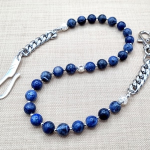 Blue Sodalite Wallet Chain Men – 10mm Beads & 925 Sterling Silver Hook – Handmade Mens Wallet Jewelry