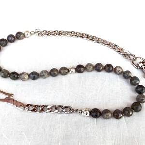 Labradorit Edelstein Geldbörse Kette - Sterling Silber Handmade Haken - Graue Perlen Kette Lanyard