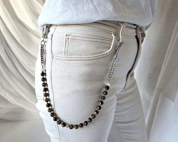 Tiger's Eye Beaded Wallet Chain: 925 Sterling Silver Hook, Men's
