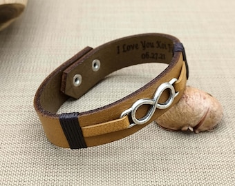 Custom Engraved Leather Bracelet for Man, Personalized Infinity Bracelet, Engraving Message, Eternal Love Gift for Him