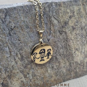 Personalized Handwriting & Drawing Necklace - Stainless Steel Round Pendant – Kids Artwork