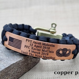 Personalized Military Memorial 550 Paracord Bracelets, Custom Deep Engraved Army Gift, Bronze Bracelet, Adjustable Brass shackle Clasp