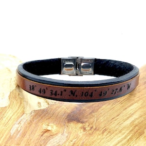 Custom Engraved Leather Coordinates Bracelet - Personalized Location Gift