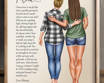 May include: A framed print featuring an illustration of two people walking away, one in a plaid shirt and jeans, the other in a green t-shirt and denim shorts. The text reads Mom, a poem about gratitude, and the name Kathleen at the bottom.