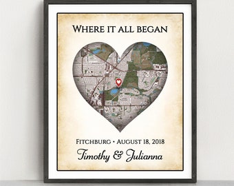 Our First Date Anniversary Gift, Couple Map, Personalized Valentines Day Gift for Boyfriend or Girlfriend, Gift For Him, The Night We Met