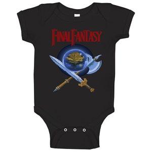 May include: Black baby onesie with a red "FINAL FANTASY" logo and a blue orb with a city inside, crossed by a sword and an axe.