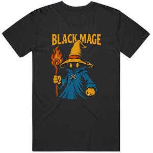 May include: Black t-shirt featuring a cartoon mage in a blue robe and yellow hat, holding a staff with a flame. The text "BLACK MAGE" is above the character in yellow.