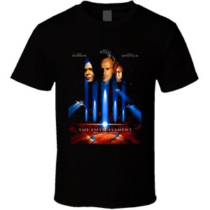 May include: Black t-shirt featuring a graphic of the film "The Fifth Element". The graphic depicts Bruce Willis, Gary Oldman, and Milla Jovovich. The text "There is no future without it." is displayed below the graphic.