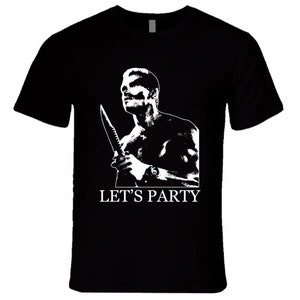 May include: Black t-shirt with a white silhouette of a man holding a knife and the text "LET'S PARTY".