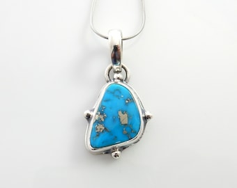 Sterling silver turquoise handmade pendant, morenci turquoise pendant, blue morenci turquoise handmade drop pendant with chain