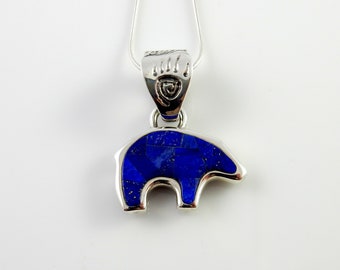 Sterling silver blue lapis lazuli inlay bear pendant, unique silver lapis bear pendant, handcrafted inlay bear pendant w/chain