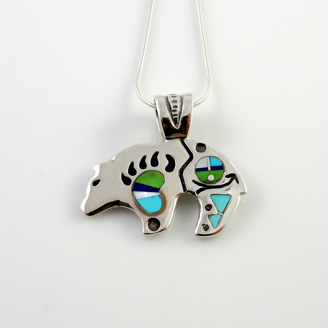 Sterling Silver Multi Stone Inlay Bear Pendant, Zuni Face Bear Pendant ...