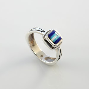 Silver Turquoise Lapis Mother of Pearl Inlay Ring, Handmade, Sterling Silver Inlay, one of a kind silver turquoise inlaid lapis ring size 7