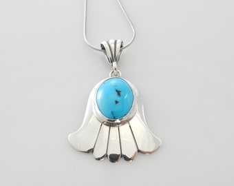 Unique Sterling Silver turquoise handmade drop pendant, one of a kind stamped blue turquoise pendant with chain