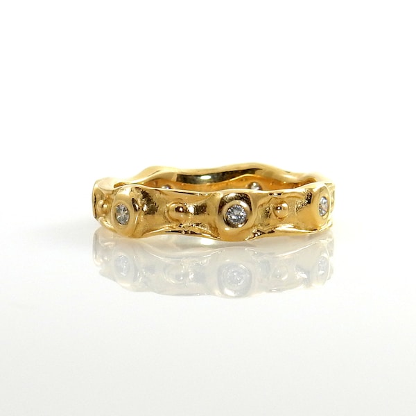 Unique Handcrafted 14kt Gold Diamond Ring, Womens Yellow Gold Diamond Wedding Band, Gold Diamond Wedding Band Size 7