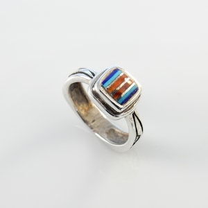Silver Turquoise Lapis Spiny Oyster Inlay Ring, Handmade Inlay Ring, jewelry, one of a kind silver blue turquoise inlaid lapis ring size 5