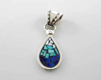 Sterling Silver mother of pearl turquoise lapis mosaic pendant, multi-stone mosaic inlay jewelry