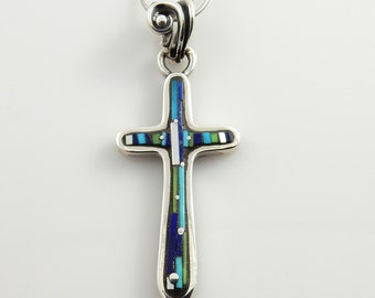 Very Unique Sterling Silver Mosaic Turquoise Lapis Inlay Cross Pendant, Silver Turquoise Lapis Mosaic Cross Drop Pendant, Mosaic Cross