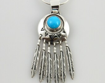 Southwestern Sterling Silver Turquoise Feather Pendant, Silver Unique Blue Turquoise Feather Drop Pendant, sterling turquoise Pendant