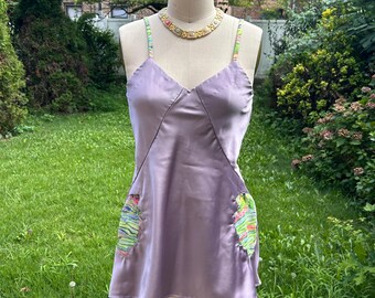 Purple Satin Bias Mini Dress with Printed Lotus Side Inserts
